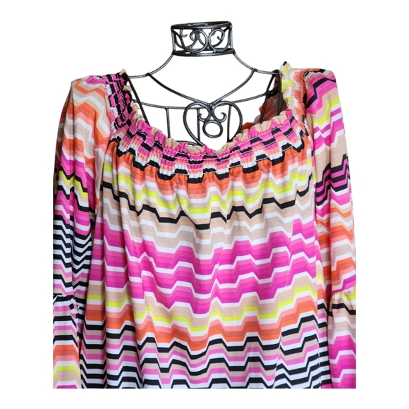 Trina Turk Off Shoulder Bell Sleeve Dress Multicolor Chevron Boho Chic Medium - Picture 5 of 9
